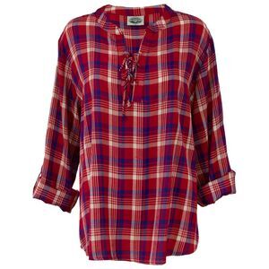 Woodland Creek Women's Front Lace-Up Long Sleeve Shirt in Red & Blue Plaid, XL